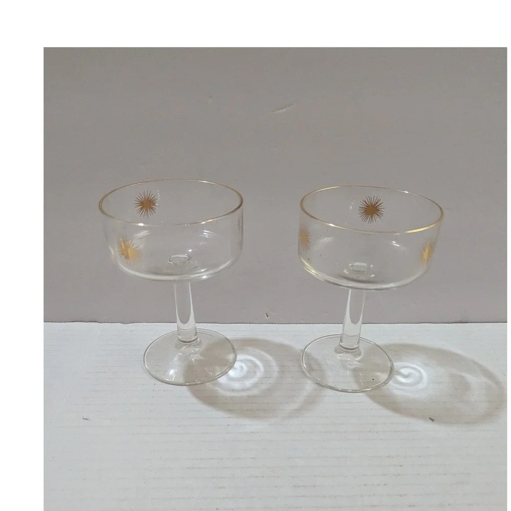 Vintage Mid Century Atomic Gold Starburst Champagne Coupe Glasses Set of 2